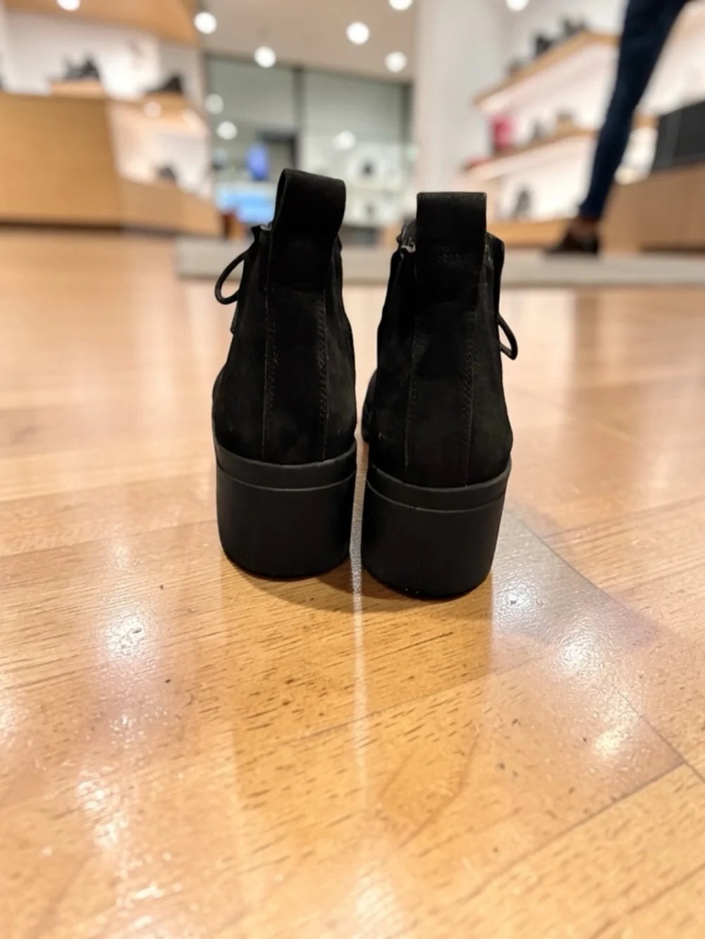 Eileen Fisher Black Suede Lace-Up Ankle Booties with Sherpa Tongue